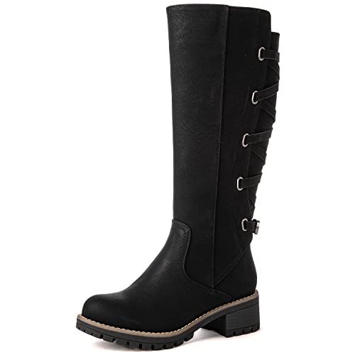 GLOBALWIN Womens Strappy Motorcycle Knee High Boots Black Wide Calf Riding Boots Fall Winter Fashion Knee High Boots For Women 7M - Image 3