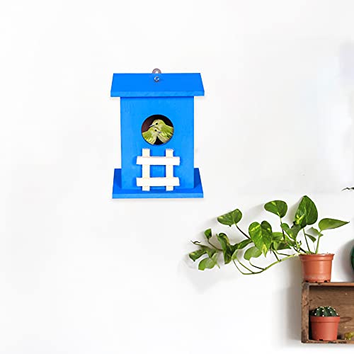 Cket Bird House Nest Breeding Box for Sparrow, Hummingbird, Kingfisher for Balcony and Garden Hanging Wooden with Hanging and Wall Patch (Blue) (Pack of 1) - Image 2