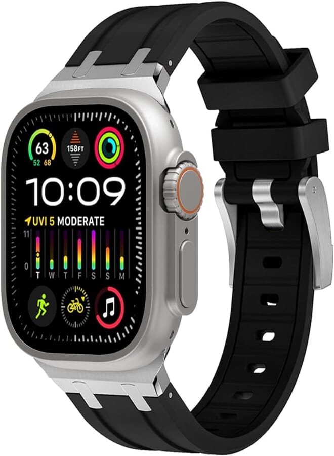 WINGLE Wingle for Apple Watch Ultra Band 49mm 45mm 44mm 42mm for Men, Liquid Silicone Rubber Band for iWatch Series 8 7 6 5 4 SE Ultra, Luxury Cool Designed AP Rubber Watch Strap with Stainless Steel Adapter 