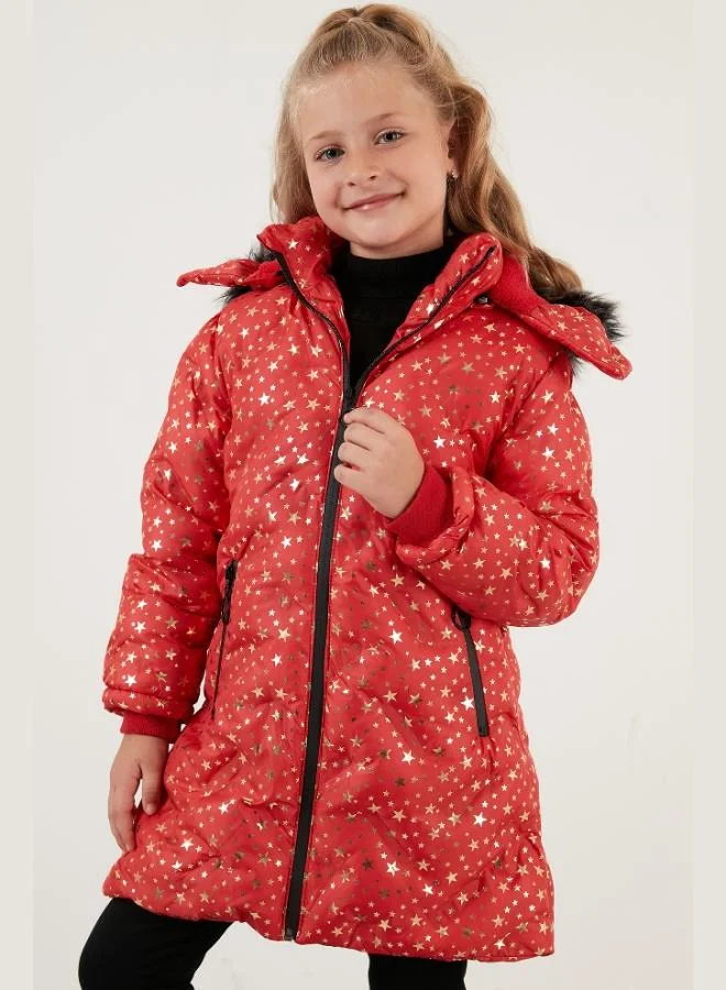 Lela Lela Collar Faux Fur Star Patterned Winter Coat for Girls with Removable Hood and Plush Lining 5760050