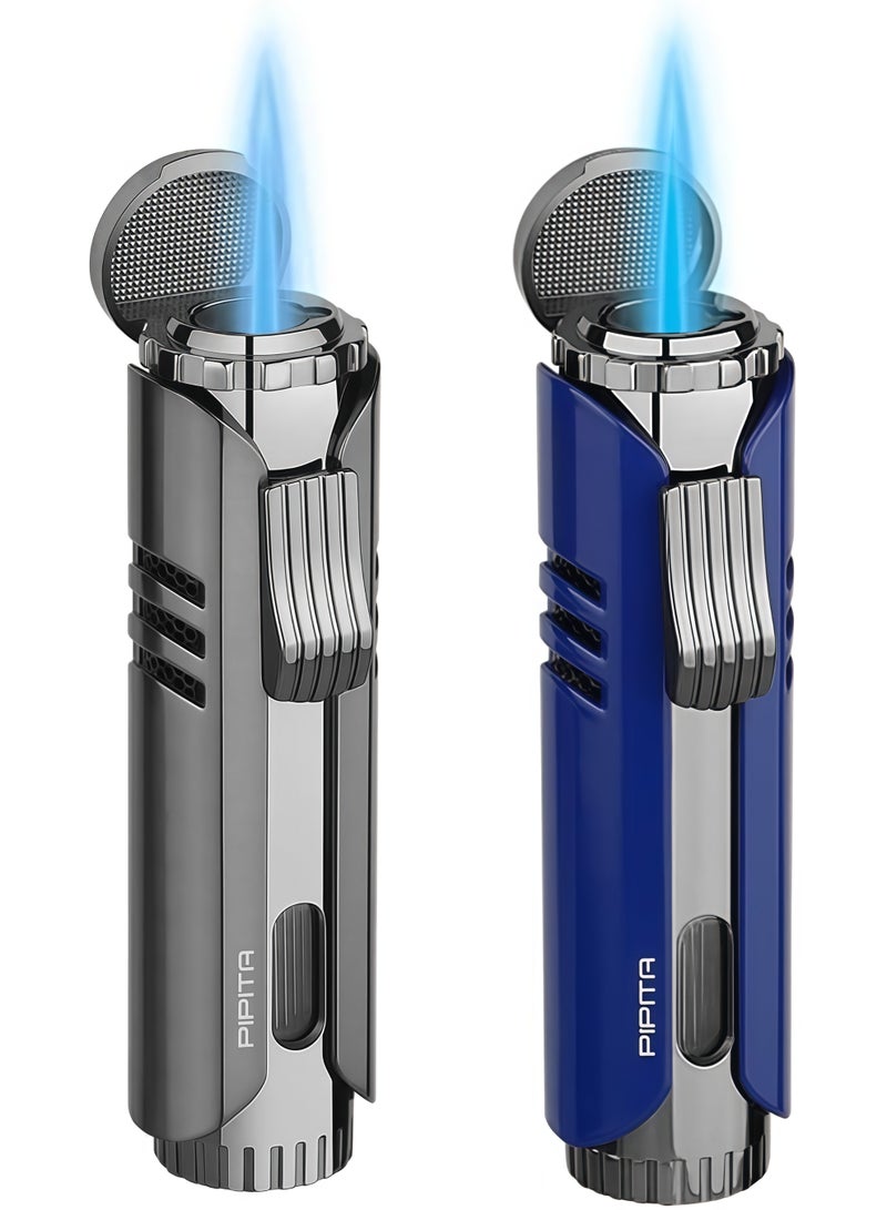2 Pack Torch Lighter Windproof Cigar Butane Gas Lighter Jet Single Flame Adjustable Cigarette Lighter, Butane Refillbale Metal Lighter (Gas Not Included) (Black+Blue) - Image 1