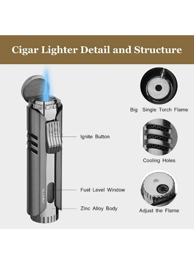 2 Pack Torch Lighter Windproof Cigar Butane Gas Lighter Jet Single Flame Adjustable Cigarette Lighter, Butane Refillbale Metal Lighter (Gas Not Included) (Black+Blue) - Image 2