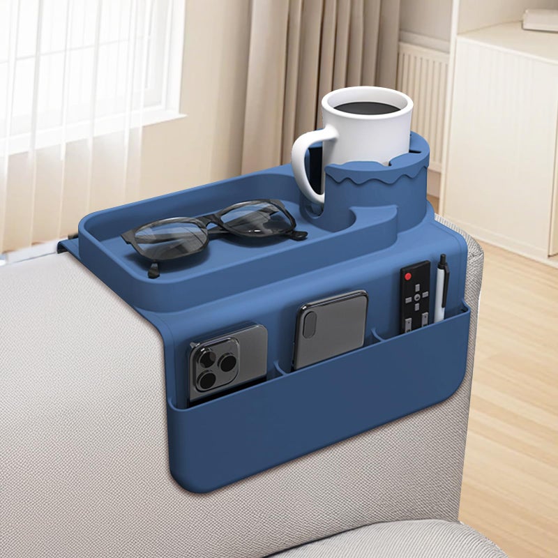 PANZIYU Couch Cup Holder Tray, Silicone Sofa Armrest Organizer with Assesory Pockets for Storage Remotes, Cell-Phone,Tablet or Snack, Anti-Spill and Anti-Slip Couch Cup Holder for Drink (Blue) - Image 1