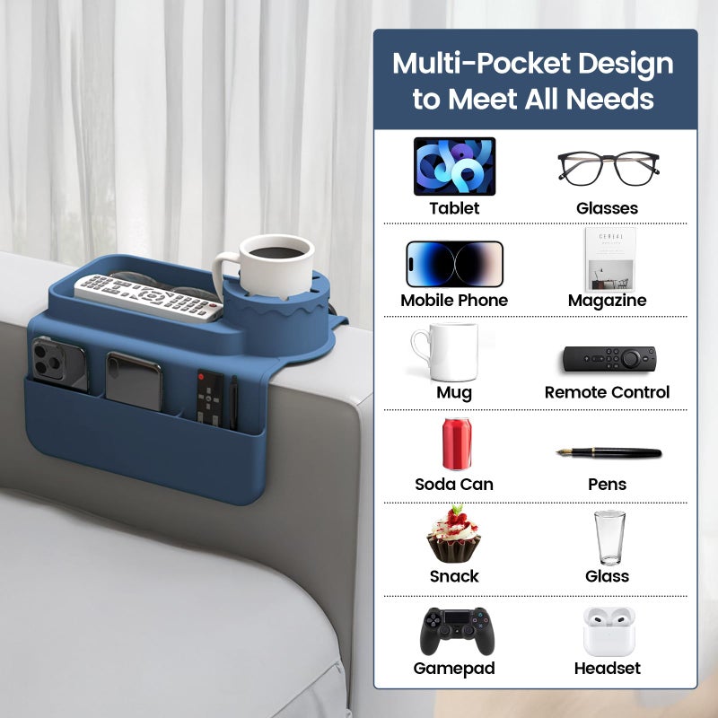 PANZIYU Couch Cup Holder Tray, Silicone Sofa Armrest Organizer with Assesory Pockets for Storage Remotes, Cell-Phone,Tablet or Snack, Anti-Spill and Anti-Slip Couch Cup Holder for Drink (Blue) - Image 4