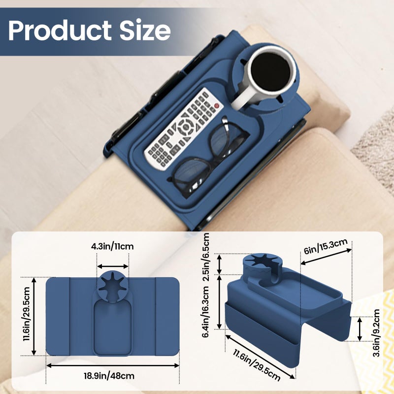 PANZIYU Couch Cup Holder Tray, Silicone Sofa Armrest Organizer with Assesory Pockets for Storage Remotes, Cell-Phone,Tablet or Snack, Anti-Spill and Anti-Slip Couch Cup Holder for Drink (Blue) - Image 2