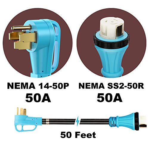 CircleCord UL Listed 50 Amp 50 Feet RV/Generator Cord with Locking Connector, Heavy Duty 6/3+8/1 Gauge STW Wire, 14-50P Male and SS2-50R Twist Locking Female for RV Camper and Generator to House - Image 2
