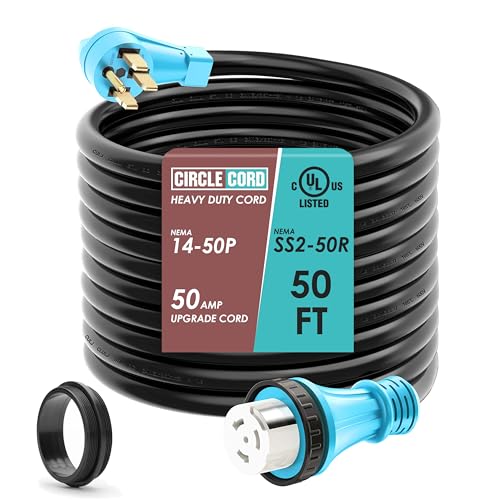 CircleCord UL Listed 50 Amp 50 Feet RV/Generator Cord with Locking Connector, Heavy Duty 6/3+8/1 Gauge STW Wire, 14-50P Male and SS2-50R Twist Locking Female for RV Camper and Generator to House - Image 1