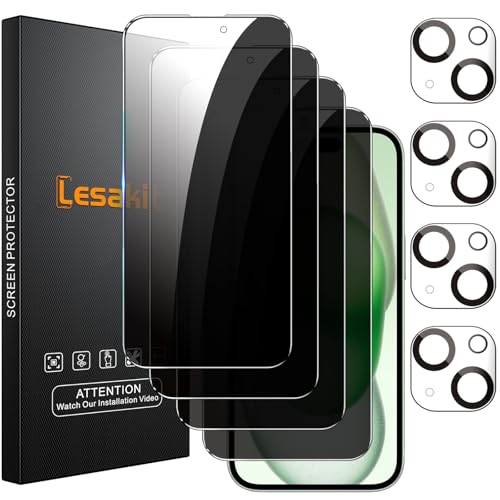 Lesakit 4+4 Pack Privacy Screen Protector for iPhone 15 6.1-Inch with 4 Pack Camera Lens Protector, Anti Spy Tempered Glass Film 9H Hardness Case Friendly - Image 1