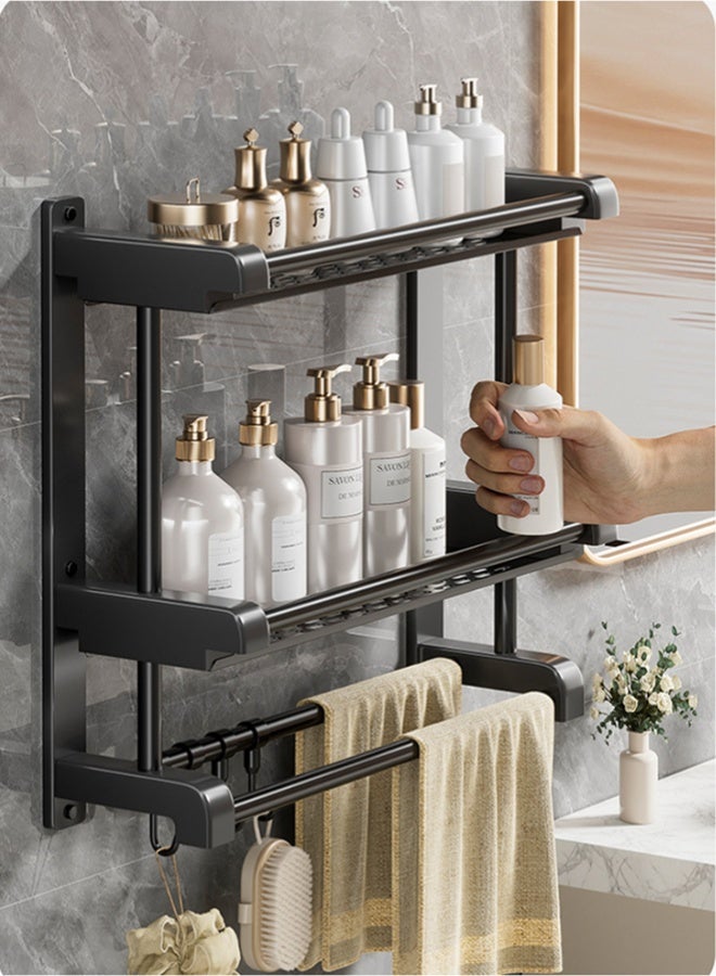 wowofa 2-Tier Bathroom Wall Mounted Shelf with Towel Rack & Hooks, No Drilling Required Bathroom Storage Organizer, Rust-Resistant Bath Shelf for Toiletries, Shampoo, Soap in Bathroom & Kitchen - Image 5