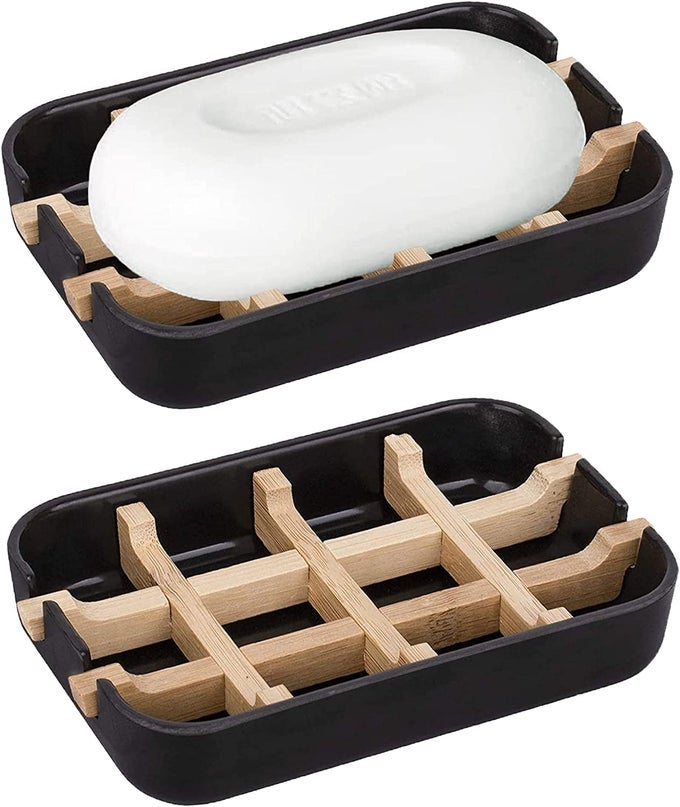 MODERN BAMBOO FIBER 2 PACK SOAP HOLDER AND SOAP DISH COMBINATION REMOVABLE512 LONG BY 3 WIDE 098 INCHES HIGH USED IN KITCHENS BATHROOMS AND BAR SINKS
