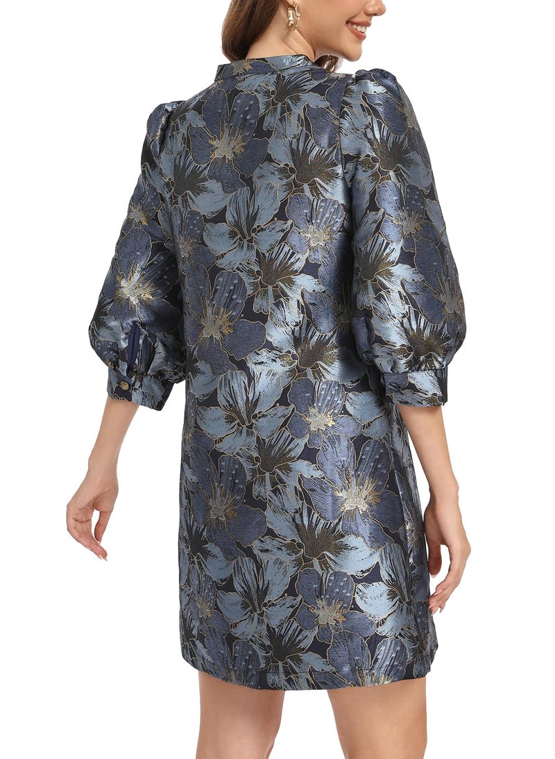 Ladyful Women's Floral Jacquard Shift Dress 2026 Long Puff Sleeve Button Up Elegant Cocktail Party Mini Dress Blue - Image 3