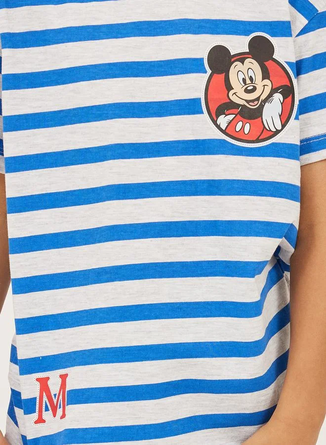 Styli Mickey Mouse Print Detail Short Sleeve Striped T-Shirt