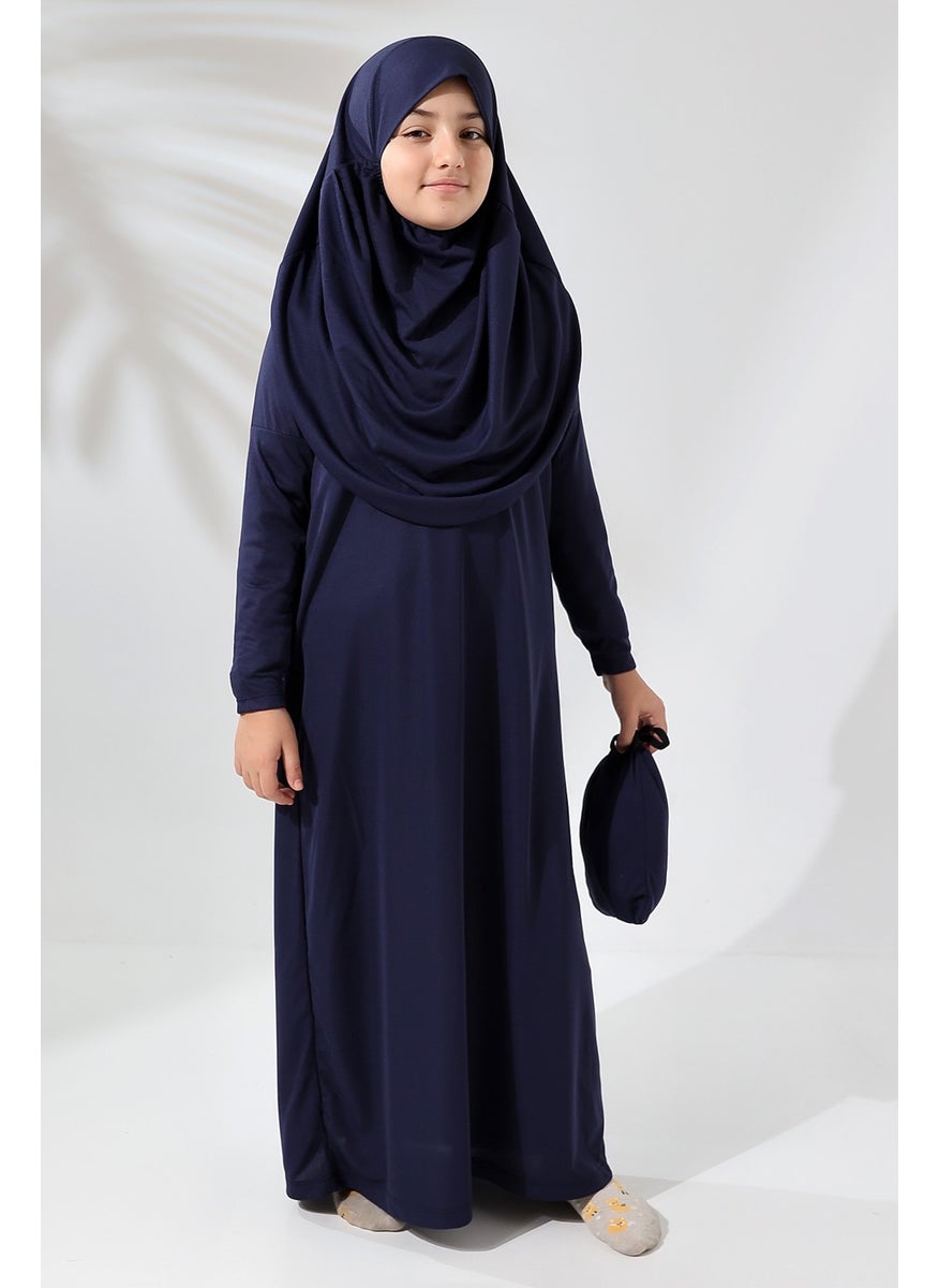 İhvan Online - One Piece Practical Children's Prayer Dress with Headscarf Navy Blue - Image 1