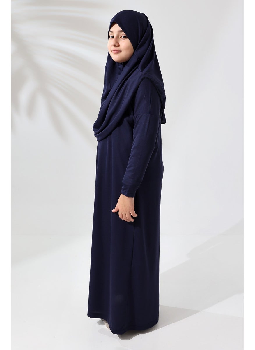 İhvan Online - One Piece Practical Children's Prayer Dress with Headscarf Navy Blue - Image 1