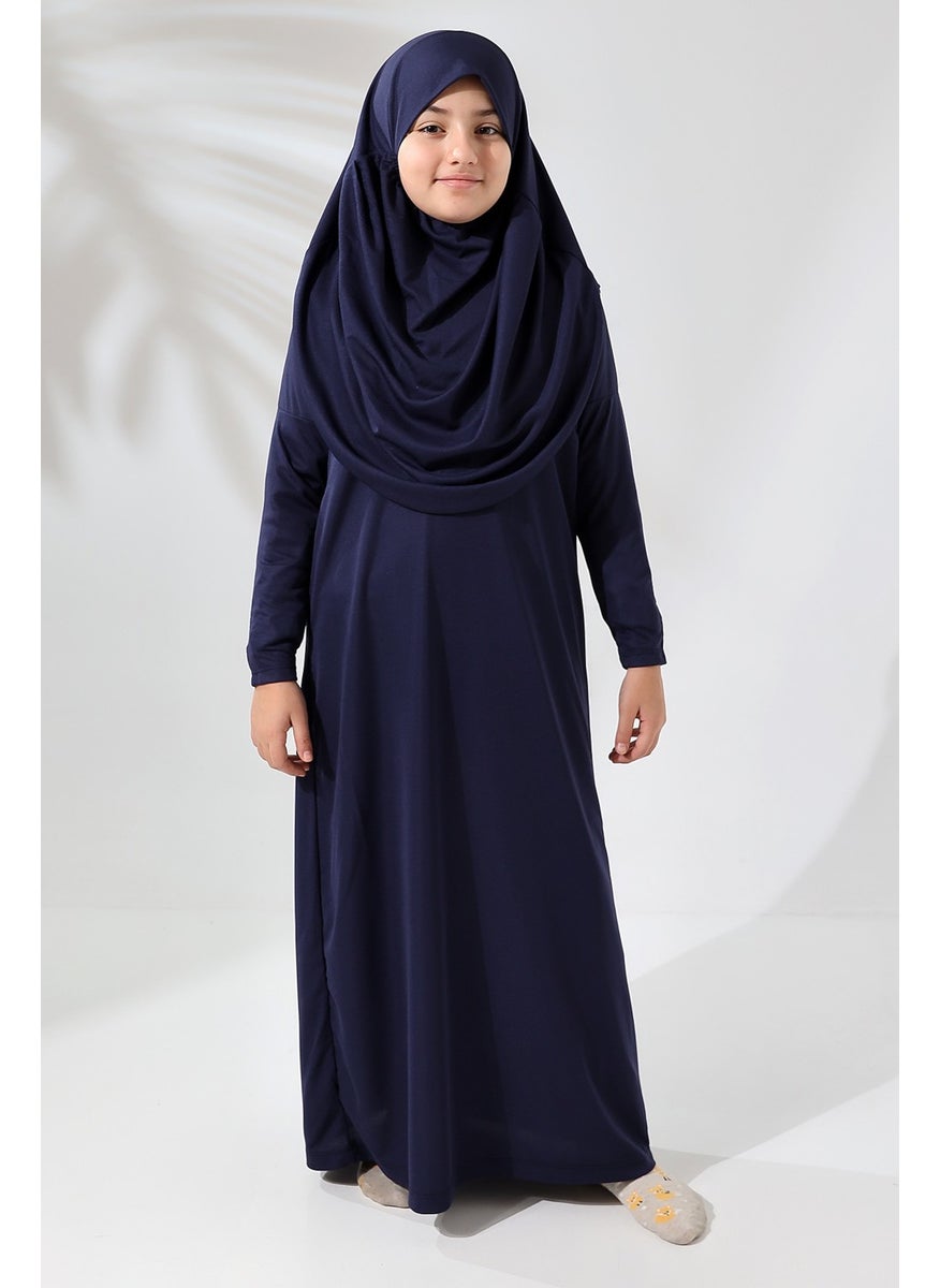 İhvan Online - One Piece Practical Children's Prayer Dress with Headscarf Navy Blue - Image 1