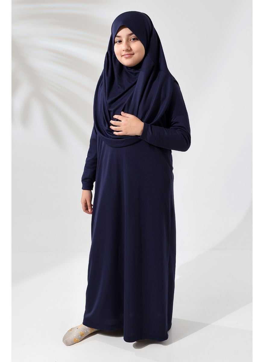 İhvan Online - One Piece Practical Children's Prayer Dress with Headscarf Navy Blue - Image 1