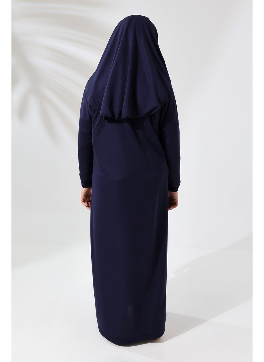 İhvan Online - One Piece Practical Children's Prayer Dress with Headscarf Navy Blue - Image 1