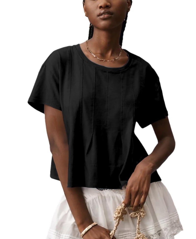 OPCAKM Cute Tops for Women Summer Pleated Swing T-Shirt Casual Babydoll Peplum Tops Lightweight Flowy Loose Fit Tee(Black-M) - Image 1