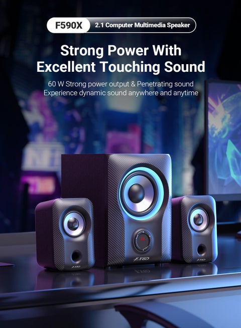 F&D F590X 60w 2.1 Computer Multimedia Speaker with Subwoofer , Supporting BT/AUX/USB/FM/Coaxial/ NFC , Gaming sound effects. RGB Multi-Color Lighting Mode
