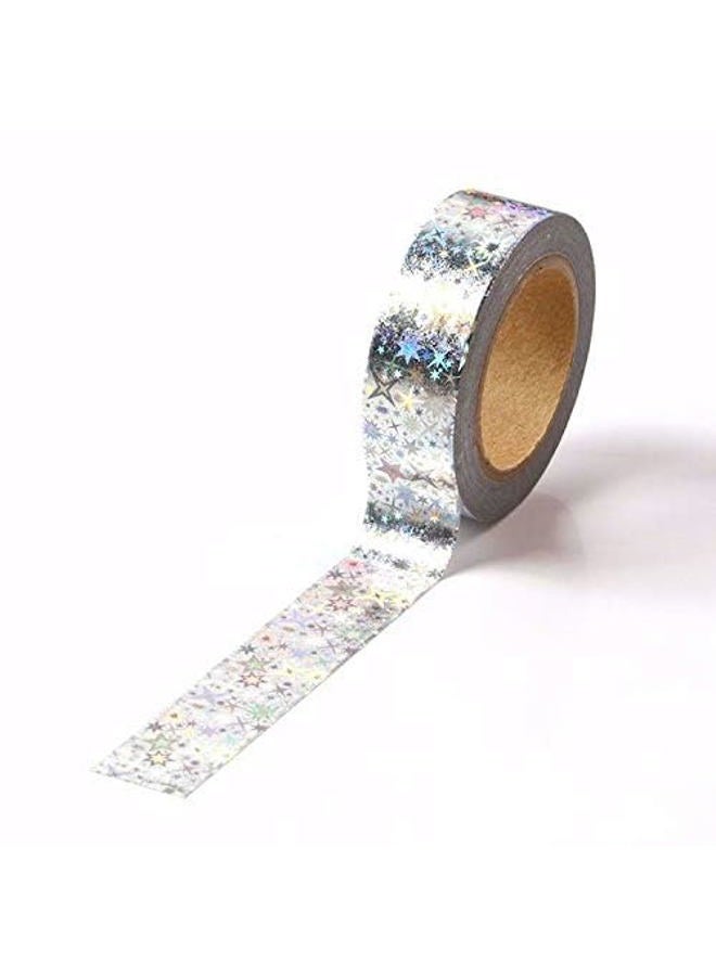 Syntego Solid Foil Washi Tape Decorative Self Adhesive Masking Tape 15mm x 10 Meters (Silver Holographic Stars) - Image 2
