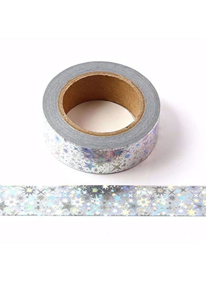 Syntego Solid Foil Washi Tape Decorative Self Adhesive Masking Tape 15mm x 10 Meters (Silver Holographic Stars) - Image 1