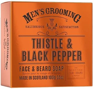 Scottish Fine Soaps Mens Grooming Thistle Black Pepper Face Beard Soap 100g Boxed