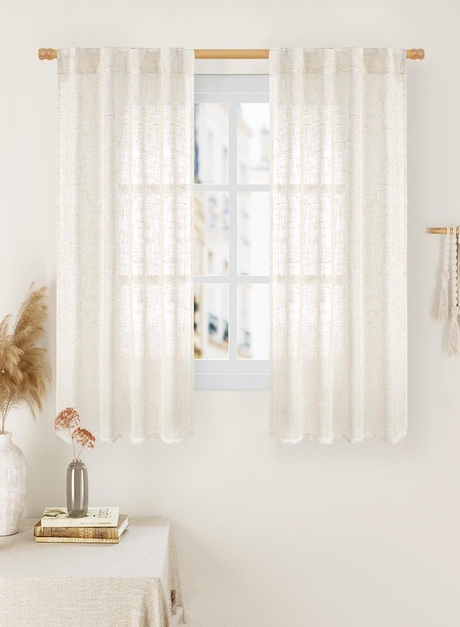 LAMIT 48 Inch Short Window Linen Curtains, Light Filtering Panels Back Tab and Rod Pocket Neutral Drapes for Cafe/Bathroom/Loft Room, Cream Ivory, 2 Panels, 34 x 48 Inch - Image 1