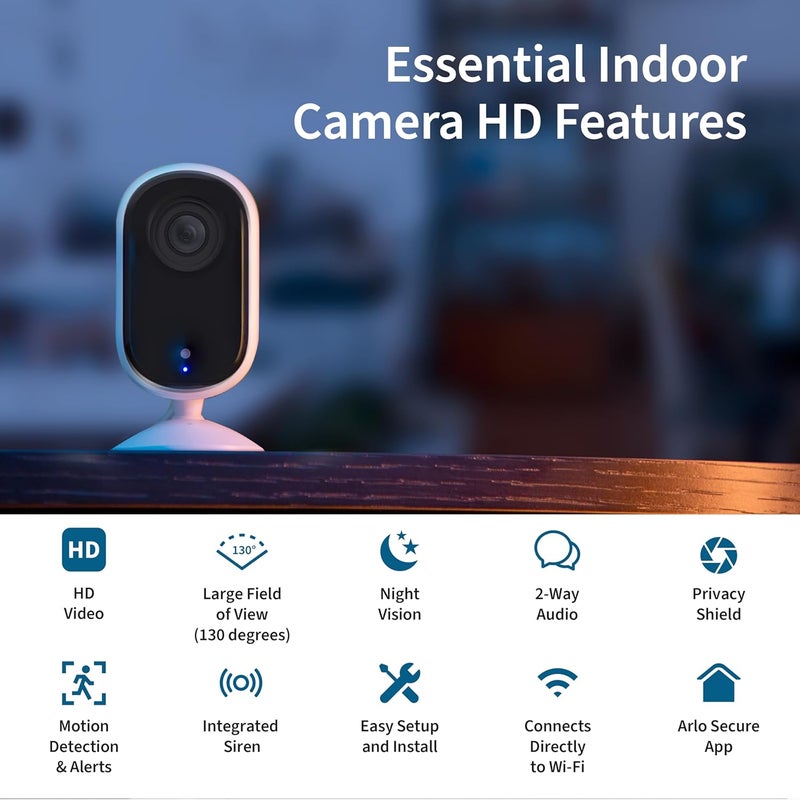 Arlo Essential Security Camera HD | Indoor Only | 2nd Gen | Pet Camera & Baby Monitor | Wired, Automated Privacy Shield, 2-Way Audio, Night Vision, Live Stream, Motion Alerts,Notifications|White 1 Cam - Image 2