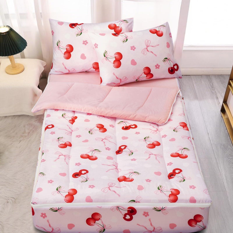 A Nice Night Zipper Bedding for Girls Chic Bow Comforter Set, Cherry Flower Printed Ribbon Bowknot Kids Bedding Set,Twin Size - Image 1