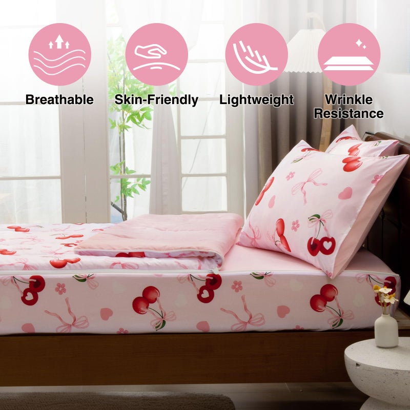 A Nice Night Zipper Bedding for Girls Chic Bow Comforter Set, Cherry Flower Printed Ribbon Bowknot Kids Bedding Set,Twin Size - Image 2