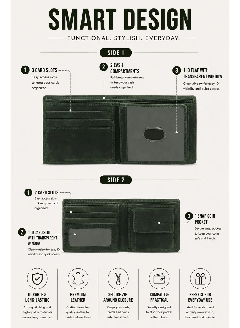 Teakwood Teakwood Men's Genuine Leather Wallet | 5 Card Slots | 2 Cash Compartments | 2 ID Windows | Button Coin Pocket | 4 Slip Pockets | Olive