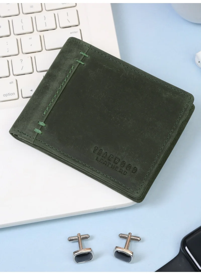 Teakwood Teakwood Men's Genuine Leather Wallet | 5 Card Slots | 2 Cash Compartments | 2 ID Windows | Button Coin Pocket | 4 Slip Pockets | Olive