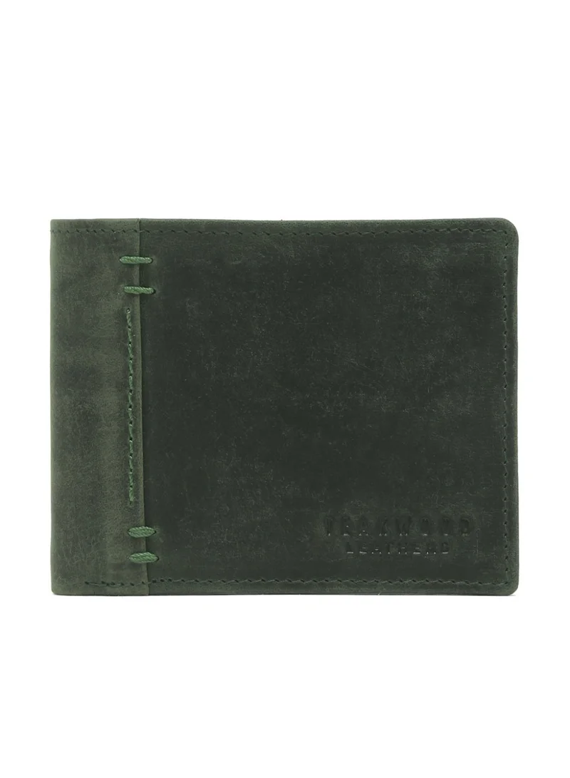 Teakwood  Teakwood Men's Genuine Leather Wallet | 5 Card Slots | 2 Cash Compartments | 2 ID Windows | Button Coin Pocket | 4 Slip Pockets | Olive for Men | Best Price UAE