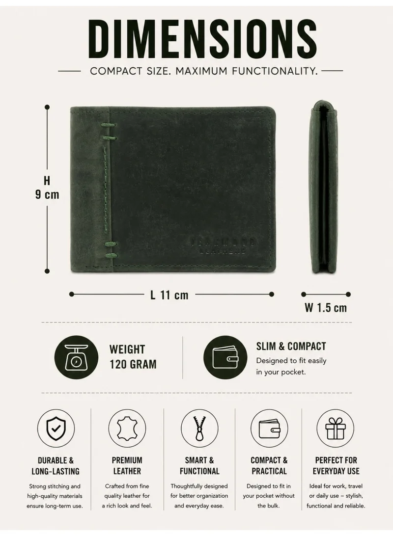 Teakwood  Teakwood Men's Genuine Leather Wallet | 5 Card Slots | 2 Cash Compartments | 2 ID Windows | Button Coin Pocket | 4 Slip Pockets | Olive for Men | Best Price UAE