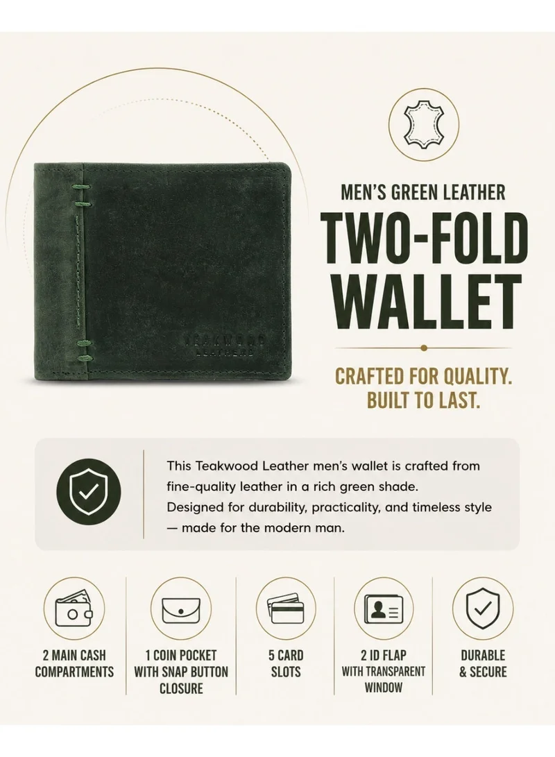 Teakwood  Teakwood Men's Genuine Leather Wallet | 5 Card Slots | 2 Cash Compartments | 2 ID Windows | Button Coin Pocket | 4 Slip Pockets | Olive for Men | Best Price UAE