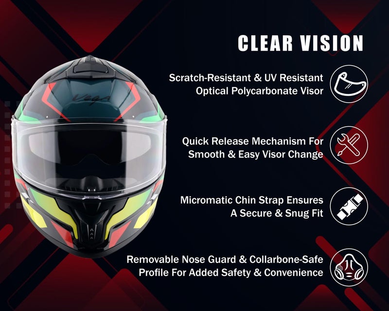 Vega Zap Volt D/V Full Face Motorcycle Helmet with Dual Visor, Shock Absorbing Liner, Comfortable Interior, Lightweight Shell, Aerodynamic Design, and Trendy Black Red Finish Black Red-M - Image 4