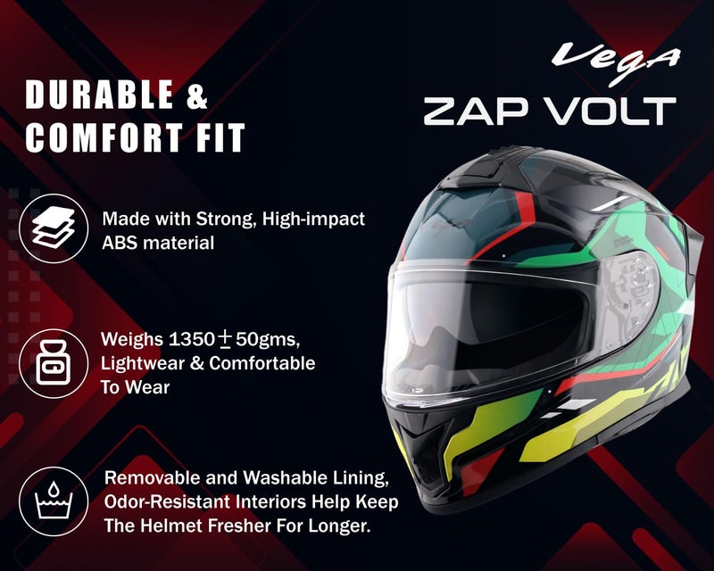 Vega Zap Volt D/V Full Face Motorcycle Helmet with Dual Visor, Shock Absorbing Liner, Comfortable Interior, Lightweight Shell, Aerodynamic Design, and Trendy Black Red Finish Black Red-M - Image 3