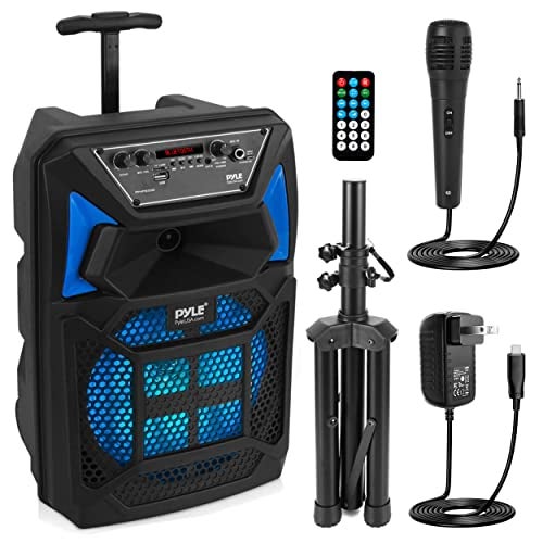 Pyle Bluetooth PA Speaker Microphone System Portable Karaoke Speaker with Wired Mic Builtin LED Party Lights FM Radio MP3USBMicro SD Readers Speaker Stand 8 Subwoofer 400 Watt MAX - Image 1