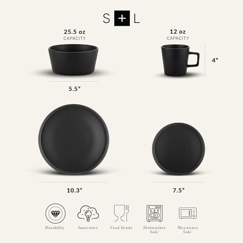 Stone Lain Celina Stoneware 16 Piece Dinnerware Set, Plates and Bowls, Black Matte Dish, Service for 4 – Minimalist Round Style, Microwave & Dishwasher Safe - Image 2