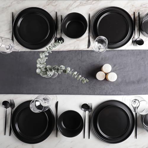 Stone Lain Celina Stoneware 16 Piece Dinnerware Set, Plates and Bowls, Black Matte Dish, Service for 4 – Minimalist Round Style, Microwave & Dishwasher Safe - Image 4