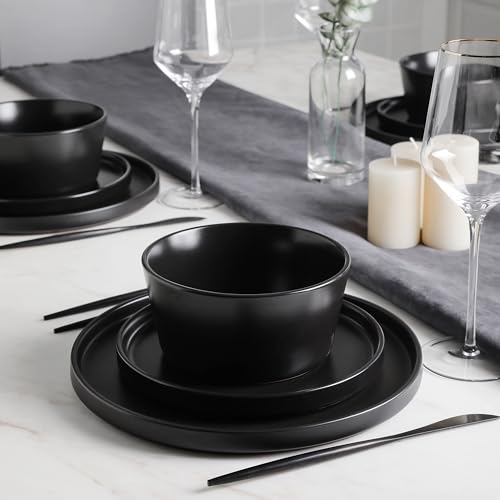 Stone Lain Celina Stoneware 16 Piece Dinnerware Set, Plates and Bowls, Black Matte Dish, Service for 4 – Minimalist Round Style, Microwave & Dishwasher Safe - Image 3