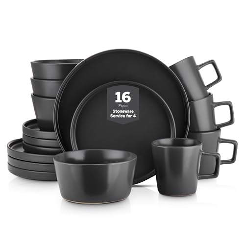 Stone Lain Celina Stoneware 16 Piece Dinnerware Set, Plates and Bowls, Black Matte Dish, Service for 4 – Minimalist Round Style, Microwave & Dishwasher Safe - Image 1