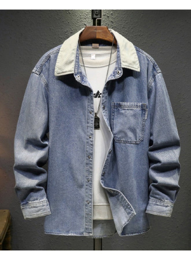 TonLion foldable Solid Color Denim Shirt With Lapel - Youth Casual Korean Style Versatile Men's Shirt - Image 1