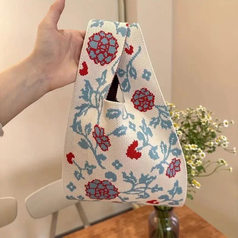Kawn® Crochet Wrist Handbag for Women Wristlet Handbag Sleeve Knot Pouch Portable knitted breathable lightweight foldable Casual Small Purse Cute Tote Bag For Shopping, Dating, Travel (Beige Blossoms) - Image 2