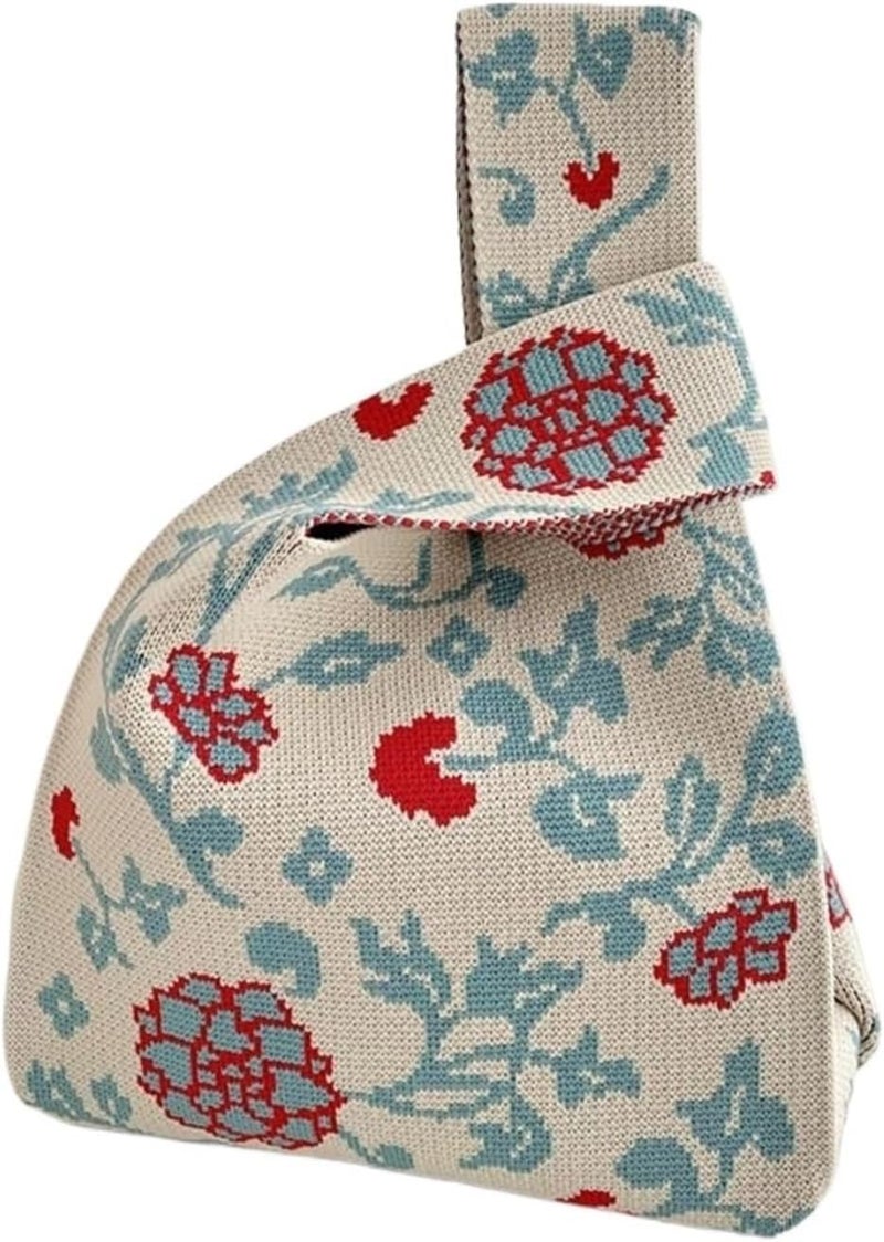 Kawn® Crochet Wrist Handbag for Women Wristlet Handbag Sleeve Knot Pouch Portable knitted breathable lightweight foldable Casual Small Purse Cute Tote Bag For Shopping, Dating, Travel (Beige Blossoms) - Image 1