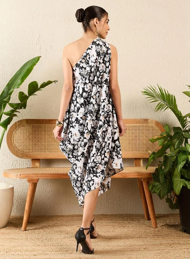 Uptownie Black Asymmetric One Shoulder Crepe Dress