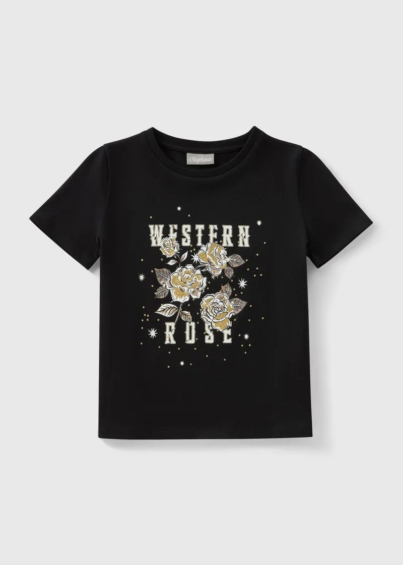Matalan Girls Charcoal Western Rose Print T-Shirt
