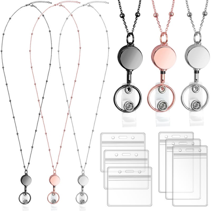 koorito 3 Pack Retractable Badge Reel Lanyard with 6 Pcs Waterproof ID Holder Retractable Stainless Steel Badge Reel Lanyard with ID Holder for Girl Women Teacher Adults (Black, Silver, Rose Gold) - Image 1