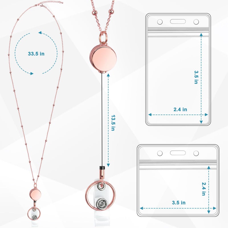 koorito 3 Pack Retractable Badge Reel Lanyard with 6 Pcs Waterproof ID Holder Retractable Stainless Steel Badge Reel Lanyard with ID Holder for Girl Women Teacher Adults (Black, Silver, Rose Gold) - Image 2