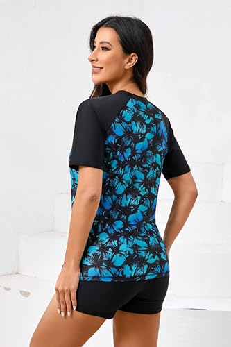 Halcurt Womens Rash Guard with Built in Bra Board Shorts Set Sun Protective Black Palm XL - Image 3